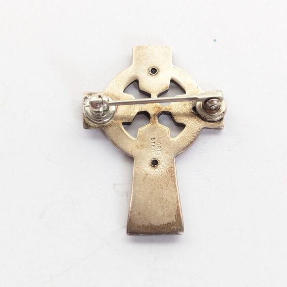 Vintage Creed Sterling Silver Spinel Stone Irish Catholic Celtic Cross Brooch - Picture 2 of 4